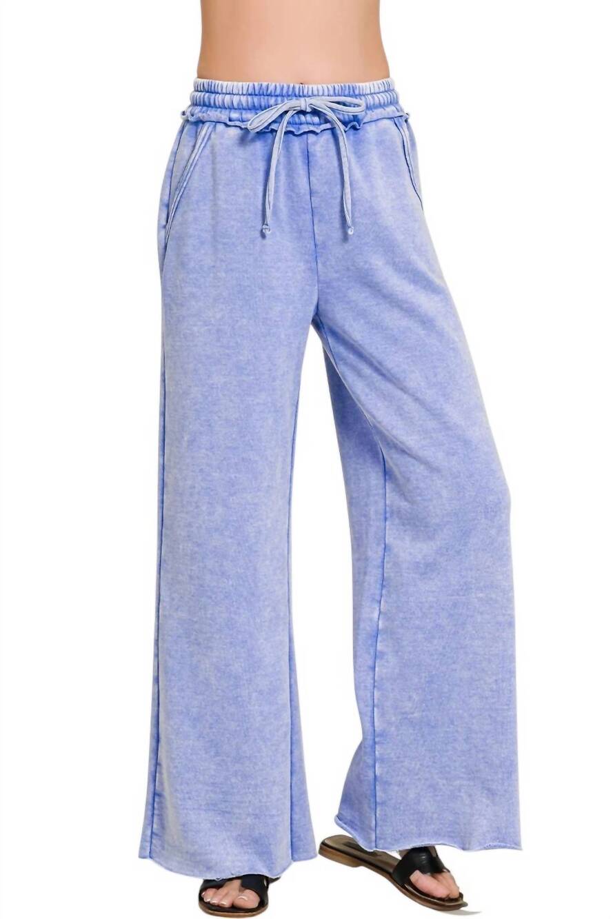 NEW ZENANA acid wash palazzo sweatpants in cornflower blue
